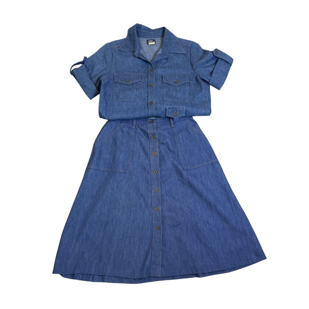 Short Sleeve Button Down Denim Shirt & Skirt VTG Fits Sz M Set Western